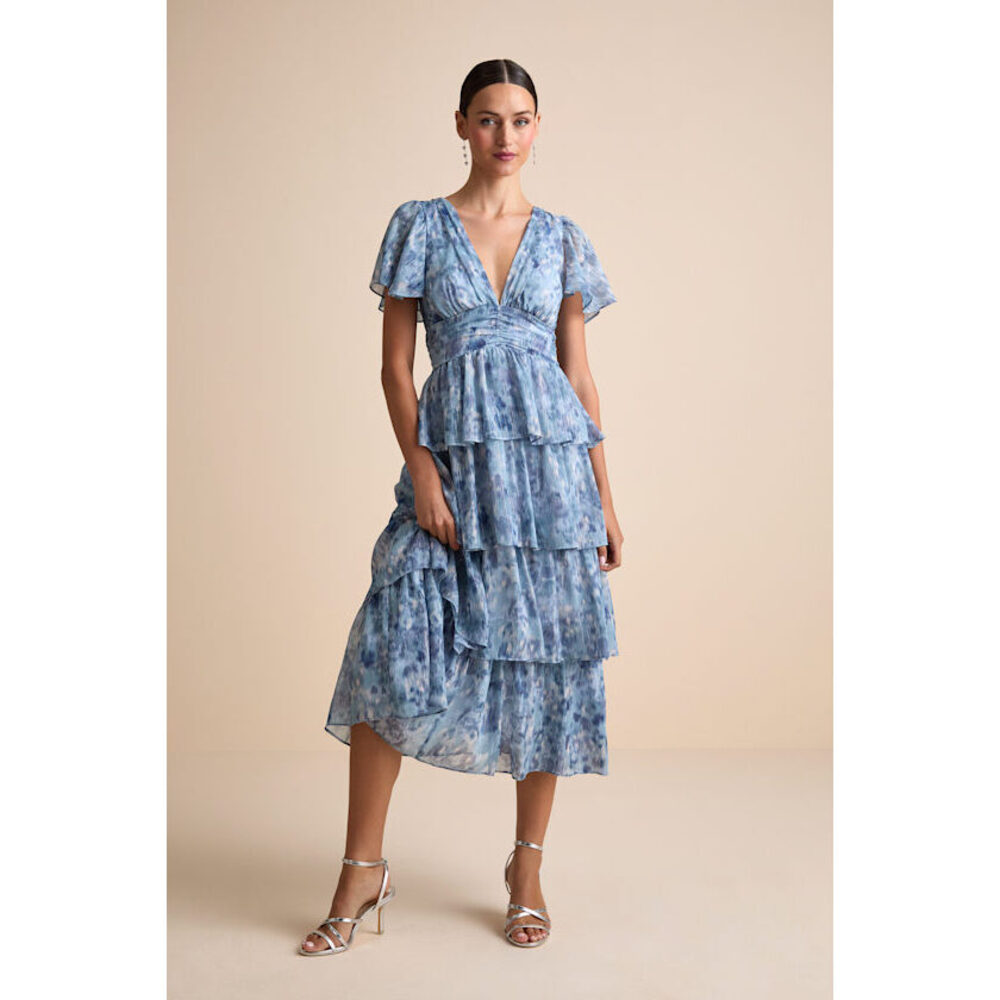 Lulus Nalia Blue Abstract Print Tiered Tie-back Midi Dress - Size M